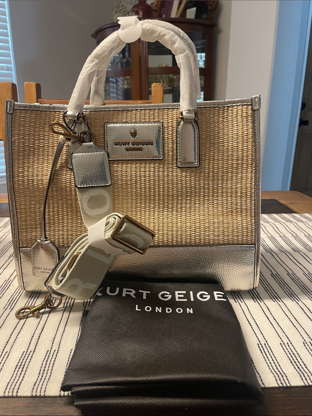 Kurt Geiger Neutral Woven Handle Top Tote with Silver Trim and Crossbody Strap